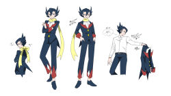 Rule 34 | !, 1boy, 99akt1031, black footwear, black hair, black jacket, black pants, buttons, coattails, collared shirt, commentary request, creatures (company), game freak, grimsley (pokemon), highres, jacket, male focus, multiple views, nintendo, pants, pointy hair, pokemon, pokemon bw, scarf, shirt, shoes, spoken exclamation mark, standing, translation request, white background, white shirt, yellow scarf