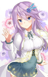 Rule 34 | 1girl, anemone (flower knight girl), blue eyes, blue flower, blue skirt, breasts, closed mouth, collared shirt, commentary request, cowboy shot, floral background, flower, flower knight girl, hair between eyes, hair flower, hair ornament, hand up, head tilt, highres, long hair, long sleeves, looking at viewer, medium breasts, neck ribbon, pink flower, ponta (velmar), purple hair, ribbon, sanpaku, shirt, sidelocks, skirt, smile, solo, standing, white background, white shirt