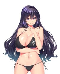 Rule 34 | 1girl, :&gt;, bikini, breasts, cleavage, closed mouth, cowboy shot, eyebrows hidden by hair, female focus, game cg, gluteal fold, hair between eyes, hand up, large breasts, legs, long hair, looking at viewer, navel, nonomiya rinka, original, purple eyes, purple hair, shiokonbu, sister lesson, smile, solo, standing, string bikini, swimsuit, tachi-e, thighs, transparent background