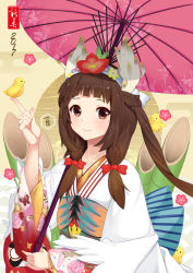Rule 34 | 1girl, 2017, absurdres, blush, bow, brown eyes, brown hair, closed mouth, eyebrows, flower, hair bow, hair flower, hair ornament, highres, holding, holding umbrella, long hair, long sleeves, looking at viewer, original, parasol, red bow, smile, solo, umbrella, upper body, xian yu zhanshi