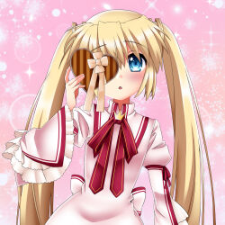 Rule 34 | 1girl, back bow, blonde hair, blue eyes, blush, bow, box, brown ribbon, commentary request, commission, covering one eye, dress, frilled sleeves, frills, gift, hair between eyes, heart-shaped box, highres, holding, holding gift, long hair, long sleeves, looking at viewer, nakatsu shizuru, natsuoto rito, open mouth, pink background, pink bow, pink dress, red ribbon, rewrite, ribbon, school uniform, second-party source, shy, simple background, skeb commission, solo, straight-on, straight hair, twintails, valentine, very long hair, wide sleeves