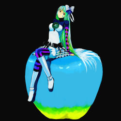 Rule 34 | 1girl, apple, black background, boots, bow, buttons, female focus, food, fruit, highres, ki (mxxxx), long hair, long sleeves, mini person, minigirl, multicolored hair, original, shoes, simple background, sitting, solo, striped legwear, two-tone hair, white footwear