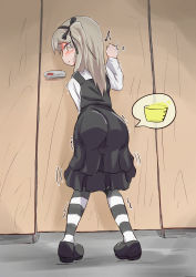 Rule 34 | 10s, 1girl, absurdres, bathroom, black dress, black pantyhose, black ribbon, blush, brown background, closed mouth, door, dress, embarrassed, female focus, from behind, full body, girls und panzer, hair ribbon, hand up, have to pee, highres, indoors, knocking, light brown hair, long hair, long sleeves, looking down, motion lines, nakamurage, pantyhose, pigeon-toed, profile, ribbon, shimada arisu, shirt, shoes, sleeveless, sleeveless dress, solo, speech bubble, standing, striped clothes, striped pantyhose, tears, toilet stall, trembling, urine meter, white shirt, yellow eyes