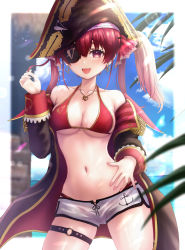 Rule 34 | 1girl, absurdres, bikini, bikini top only, breasts, cleavage, fang, highres, hololive, houshou marine, houshou marine (summer), long hair, looking at viewer, md5 mismatch, medium breasts, navel, o-ring, o-ring thigh strap, open mouth, resolution mismatch, shiny skin, short shorts, shorts, simple background, smile, source larger, stomach, swimsuit, thigh strap, thighs, virtual youtuber, wajuniorbox