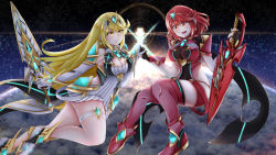 Rule 34 | 2girls, armor, blonde hair, blush, breasts, earrings, holding hands, headpiece, highres, holding, holding sword, holding weapon, jewelry, large breasts, long hair, multiple girls, mythra (xenoblade), nintendo, pyra (xenoblade), red eyes, red hair, sarasadou dan, short hair, space, stratosphere, sword, thighs, weapon, xenoblade chronicles (series), xenoblade chronicles 2, xenoblade chronicles (series), xenoblade chronicles 2, yellow eyes