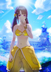Rule 34 | 1girl, absurdres, arm at side, backlighting, bare arms, bare shoulders, bikini, bikini top only, blue sky, bodysuit, breasts, brown hair, cleavage, closed mouth, cloud, collarbone, cowboy shot, dam, day, hair ornament, hair scrunchie, hand on own face, highres, lake, light rays, long hair, looking at viewer, medium breasts, navel, okuto, open clothes, original, outdoors, purple eyes, rock, scrunchie, shore, sidelocks, signature, sky, smile, solo, standing, stomach, sun, sunbeam, sunlight, swimsuit, twintails, water, wristband, yellow bikini, yellow bodysuit
