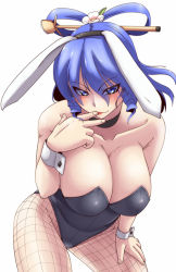 Rule 34 | &gt;:), 1girl, animal ears, blue eyes, blue hair, breasts, choker, cleavage, collarbone, drill hair, female focus, finger in own mouth, fishnet pantyhose, fishnets, hair over eyes, hair rings, hand on own thigh, hand on thigh, hip focus, kaku seiga, kurozako, large breasts, leaning forward, leotard, long hair, looking at viewer, matching hair/eyes, naughty face, pantyhose, parted lips, playboy bunny, rabbit ears, seductive smile, simple background, smile, solo, thighs, touhou, twin drills, twintails, v-shaped eyebrows, white background, wide hips, wrist cuffs
