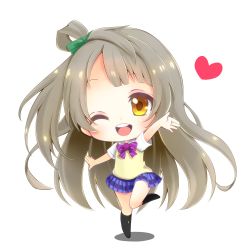 Rule 34 | 10s, 1girl, ;d, aoi (kiyokiyoaomushi), blue skirt, brown hair, chibi, full body, heart, highres, long hair, love live!, love live! school idol project, minami kotori, one eye closed, open mouth, plaid, plaid skirt, side ponytail, simple background, skirt, smile, solo, standing, standing on one leg, white background, yellow eyes