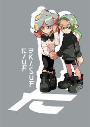 Rule 34 | 2girls, adjusting hair, bike shorts, black footwear, black pants, black shorts, black sweater, closed mouth, collared shirt, commentary, english commentary, gomipomi, gradient hair, green eyes, green hair, grey background, grey hair, holding hands, inkling, inkling (language), inkling girl, inkling player character, light frown, logo, long hair, long sleeves, looking at viewer, looking to the side, makeup, mascara, mask, multicolored hair, multiple girls, nintendo, octoling player character, pants, pointy ears, shirt, shorts, silhouette, single vertical stripe, smile, standing, suction cups, sweater, tentacle hair, turtleneck, white shirt, yuri