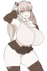 Rule 34 | 1girl, blush, breasts, collared shirt, commentary, commentary request, contrapposto, detached sleeves, greyscale, hand on own chest, haseru (ginku mh), hatsune miku, huge breasts, long hair, looking at viewer, miniskirt, monochrome, necktie, open mouth, panties, shirt, simple background, skirt, solo, striped clothes, striped panties, symbol-only commentary, teeth, thighhighs, twintails, underwear, upper teeth only, vocaloid, white background