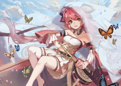 Rule 34 | 1girl, absurdres, ahoge, arm belt, bare shoulders, blue sky, bow, bug, butterfly, cloud, crusader mk-ii (panzer waltz), day, detached sleeves, hair bow, highres, insect, long hair, looking at viewer, open mouth, outdoors, panzer waltz, red eyes, red hair, see-through, sheath, sheathed, skirt, sky, songhua, sword, thighhighs, veil, weapon, white skirt, white thighhighs