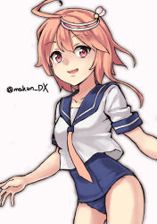 Rule 34 | 1girl, ahoge, cowboy shot, hair ornament, i-58 (kancolle), kantai collection, looking at viewer, maakun (makun dx), neckerchief, one-hour drawing challenge, pink eyes, pink hair, sailor collar, sailor shirt, school swimsuit, school uniform, serafuku, shirt, short hair, simple background, solo, standing, swimsuit, swimsuit under clothes, twitter username, white background, yellow neckerchief