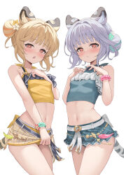 Rule 34 | 2girls, absurdres, alternate costume, animal ears, bai (granblue fantasy), belt, black belt, blonde hair, breasts, double bun, erune, flower, granblue fantasy, green shirt, grey hair, hair bun, hair flower, hair ornament, highres, huang (granblue fantasy), kimblee, looking at viewer, midriff, multiple girls, navel, open mouth, pink scrunchie, red eyes, scrunchie, shirt, short hair, siblings, simple background, small breasts, standing, tail, thighs, tiger ears, tiger girl, tiger tail, twins, white background, white belt, wrist scrunchie, yellow shirt