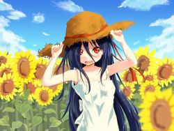 Rule 34 | 1girl, adjusting clothes, adjusting headwear, azumawari (azumofu), blue hair, blue sky, blush, child, cloud, collarbone, commentary request, day, dress, field, flower, flower field, hair between eyes, hair over eyes, hand on headwear, hat, long hair, looking at viewer, nature, open mouth, outdoors, petals, plant, red eyes, sky, solo, standing, straw hat, sun hat, sunflower, sunflower field, the ring, upper body, very long hair, yamamura sadako