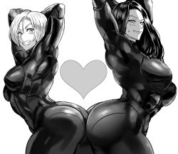 Rule 34 | 2girls, arms behind head, asami (one-punch man), ass, ass-to-ass, bodysuit, breasts, daraz, gloves, greyscale, grin, highres, large breasts, leaning forward, lipstick, long hair, looking at viewer, makeup, medium breasts, monochrome, multiple girls, muscular, muscular female, narrow waist, noria (one-punch man), one-punch man, short hair, simple background, skin tight, smile, thick thighs, thighs, white background