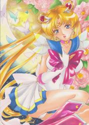 Rule 34 | 1990s (style), 1girl, bishoujo senshi sailor moon, bishoujo senshi sailor moon supers, blonde hair, blue eyes, blue sailor collar, boots, bow, bug, butterfly, choker, color ink (medium), double bun, earrings, flower, full moon, hair ornament, hairpin, insect, jewelry, jpeg artifacts, long hair, marker (medium), moon, multicolored clothes, multicolored skirt, panties, pantyshot, pleated skirt, red bow, retro artstyle, ribbon, rita151, sailor collar, sailor moon, skirt, solo, super sailor moon, tiara, traditional media, tsukino usagi, twintails, underwear, upskirt