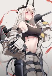 Rule 34 | 1girl, absurdres, albino, arknights, bandaged arm, bandages, bare shoulders, black gloves, blush, breasts, cleavage, closed mouth, collar, cowboy shot, earrings, gloves, grey background, hair ornament, hammer, hand on own hip, highres, holding, holding hammer, holding weapon, horns, infection monitor (arknights), jewelry, large breasts, long sleeves, looking at viewer, material growth, mudrock (arknights), mudrock (elite ii) (arknights), navel, open clothes, oripathy lesion (arknights), pointy ears, red eyes, sally (luna-arts), sarashi, simple background, solo, sports bra, stomach, weapon, white hair