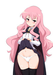 Rule 34 | absurdres, bow, bow panties, clothes lift, flashing, highres, long hair, louise francoise le blanc de la valliere, momio, panties, pink hair, red eyes, skirt, skirt lift, thighhighs, underwear, white panties