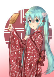 Rule 34 | 1girl, :o, alternate costume, blue eyes, blue hair, blush, bow, cowboy shot, floral print, flower, gradient background, hagoita, hair between eyes, hair flower, hair ornament, hatsune miku, highres, japanese clothes, kimono, long hair, looking at viewer, obi, open mouth, paddle, print kimono, red bow, red kimono, sash, sleeves past wrists, solo, standing, tareme, twintails, very long hair, vocaloid, white flower, zhai mu q