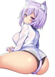 Rule 34 | 1girl, :3, ahoge, animal ear fluff, animal ears, ass, blush, breasts, cat ears, cat girl, cat tail, hair between eyes, highres, hololive, lace, lace-trimmed panties, lace trim, large breasts, long sleeves, looking at viewer, nekomata okayu, nekomata okayu (oversized shirt), panties, purple eyes, purple hair, sakanaya (sakanaya952), shirt, short hair, smile, solo, tail, thighs, underwear, virtual youtuber