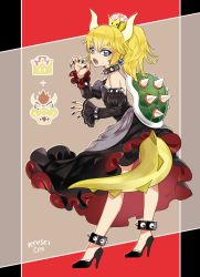 Rule 34 | 1girl, artist name, bad id, bad pixiv id, bare shoulders, black dress, blonde hair, blue eyes, bowser, bowsette, bracelet, claw pose, collar, commentary request, detached sleeves, dress, earrings, fingernails, from behind, high heels, highres, horns, jewelry, juliet sleeves, long sleeves, looking at viewer, mario (series), nail polish, new super mario bros. u deluxe, nintendo, ponytail, puffy sleeves, ryusei (ryusei b), sharp fingernails, sharp teeth, solo, spiked anklet, spiked bracelet, spiked collar, spiked shell, spiked tail, spikes, strapless, strapless dress, super crown, tail, teeth, thick eyebrows