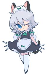 Rule 34 | 1girl, ;3, animal ears, apron, between fingers, black footwear, blue eyes, bow, braid, cat ears, cat tail, dress, flat chest, garter straps, green bow, green neckwear, grey dress, hair bow, highres, holding, izayoi sakuya, knife, maid, maid apron, maid headdress, miniskirt, one eye closed, op na yarou, short hair, silver hair, simple background, skirt, tail, thighhighs, touhou, twin braids, waist apron, white background, white thighhighs, wings