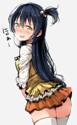 Rule 34 | 1girl, blue hair, blush, brown eyes, cosplay, embarrassed, from behind, hair bobbles, hair ornament, haruken, hoshizora rin, hoshizora rin (cosplay), long hair, looking at viewer, looking back, love live!, love live! school idol project, one side up, open mouth, side ponytail, solo, sonoda umi, tears, thighhighs, white thighhighs