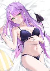 Rule 34 | 1girl, bare shoulders, bed sheet, black bra, black panties, blush, bra, breasts, cleavage, closed mouth, collarbone, commentary request, demon tail, green eyes, hair ornament, highres, hiragi 1014, hololive, long hair, looking at viewer, lying, medium breasts, multicolored hair, navel piercing, on back, panties, piercing, pink hair, purple hair, smile, solo, streaked hair, tail, tail ornament, tail piercing, tokoyami towa, underwear, underwear only, virtual youtuber, x hair ornament