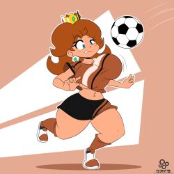Rule 34 | 1girl, artist name, ball, blue eyes, breasts, brown hair, crown, cuadra side, curvy, earrings, highres, jewelry, jiggle, large breasts, mario (series), mario strikers: battle league, midriff, navel, nintendo, princess daisy, shorts, shortstack, soccer ball, soccer uniform, solo, sportswear, thick thighs, thighs, underboob, wide hips