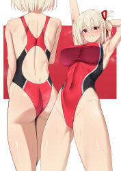 Rule 34 | 1girl, alternate costume, armpits, arms up, ass, back cutout, black one-piece swimsuit, blonde hair, blush, breasts, brown background, clothing cutout, commentary, competition swimsuit, covered navel, from behind, from below, hair ribbon, highleg, highleg swimsuit, highres, kawaruhi, large breasts, looking at viewer, lycoris recoil, multiple views, nishikigi chisato, one-piece swimsuit, paid reward available, parted lips, red background, red eyes, red one-piece swimsuit, red ribbon, ribbon, short hair, shoulder blades, sideboob, simple background, smile, swimsuit, two-tone background, wet, white background