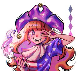 Rule 34 | 1girl, artist name, brown hair, clownpiece, commentary, english commentary, hat, highres, jester cap, konoha217, light brown hair, long hair, looking at viewer, neck ruff, one eye closed, open mouth, pointy ears, polka dot, purple hat, red eyes, short sleeves, simple background, smile, solo, teeth, touhou, upper body, v, white background