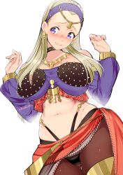 Rule 34 | 1girl, blonde hair, blush, breasts, cleavage, dancer&#039;s costume (dq), detached sleeves, dragon quest, dragon quest xi, earrings, highres, jewelry, koda1ra, large breasts, official alternate costume, pantyhose, purple eyes, sash, senya (dq11), simple background, smile, solo, stomach, thong