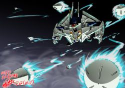 Rule 34 | commentary request, dark background, dated, flying, funnels (gundam), glowing, glowing eyes, green eyes, gundam, gundam hathaway&#039;s flash, mecha, missile, mobile suit, no humans, robot, science fiction, signature, smoke, solo, v-fin, weapon, xi gundam, zzz sakaz