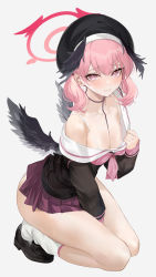 Rule 34 | 1girl, ass, bare shoulders, between legs, black feathers, blue archive, breasts, choker, cleavage, clothes pull, dress, feathers, halo, hand between legs, hat, head wings, highres, kneeling, koharu (blue archive), leaning forward, looking at viewer, medium breasts, mexif, miniskirt, pink eyes, pink hair, sailor collar, sailor dress, shirt pull, short twintails, skirt, solo, thighs, twintails, white background, wings