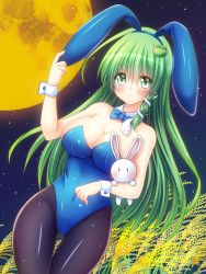 Rule 34 | 1girl, 3:, alternate costume, animal ears, bare shoulders, black pantyhose, blue bow, blue bowtie, blue leotard, blush, bow, bowtie, breasts, cleavage, commentary request, covered navel, detached collar, fake animal ears, frog hair ornament, full moon, green eyes, green hair, hair between eyes, hair ornament, hairband, highres, kochiya sanae, large breasts, leotard, long hair, looking at viewer, moon, osashin (osada), pantyhose, playboy bunny, rabbit, rabbit ears, snake hair ornament, solo, sweatdrop, touhou, very long hair, wrist cuffs