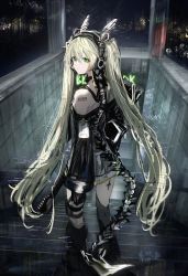Rule 34 | 1girl, absurdres, barcode, barcode tattoo, black dress, black footwear, black gloves, black socks, blonde hair, closed mouth, commentary, dress, full body, gawako, glitch, gloves, green eyes, headset, highres, kneehighs, long hair, long sleeves, looking back, night, off-shoulder dress, off shoulder, original, outdoors, socks, solo, stairs, symbol-only commentary, tattoo, twintails, very long hair