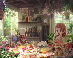 Rule 34 | 1girl, brown eyes, brown hair, butter, cake, cat, checkerboard cookie, chef hat, child, clock, cookie, cup, dessert, doughnut, eating, flower, food, food on face, fruit, fruit tart, grandfather clock, harupy, hat, highres, indoors, lens flare, md5 mismatch, mug, original, pancake, pastry, resolution mismatch, short hair, source smaller, strawberry, strawberry shortcake, swiss roll, tart (food), teacup, teapot, whipped cream