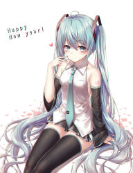 Rule 34 | 1girl, ahoge, akira (been0328), aqua eyes, aqua hair, bad id, bad pixiv id, bare shoulders, black skirt, black thighhighs, blush, breasts, closed mouth, collarbone, commentary, detached sleeves, happy new year, hatsune miku, heart, long hair, long sleeves, looking at viewer, medium breasts, necktie, new year, pleated skirt, shirt, sitting, skirt, smile, solo, thighhighs, twintails, very long hair, vocaloid, white background, zettai ryouiki