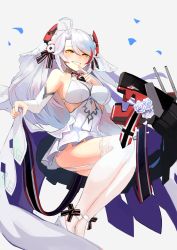 Rule 34 | 1girl, absurdres, antenna hair, aoiro (t aoiro123), azur lane, blush, breasts, bridal gauntlets, bridal veil, dress, elbow gloves, finger to mouth, garter straps, gloves, grey background, hair between eyes, headgear, highres, large breasts, long hair, looking at viewer, mole, mole on breast, multicolored hair, orange eyes, parted lips, prinz eugen (azur lane), prinz eugen (symphonic fate) (azur lane), red hair, silver hair, simple background, smile, solo, streaked hair, swept bangs, teeth, thighhighs, two side up, veil, very long hair, wedding dress, white dress, white gloves, white thighhighs