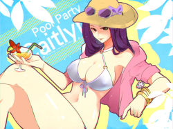 Rule 34 | 1girl, aa2233a, alternate costume, alternate hair color, artist name, bangle, bikini, bracelet, breasts, brown eyes, caitlyn (league of legends), champagne coupe, character name, cleavage, cocktail glass, covered erect nipples, crossed legs, cup, drinking glass, drinking straw, english text, eyewear on headwear, food, fruit, hat, jewelry, knees up, league of legends, lime (fruit), lime slice, long hair, looking at viewer, medium hair, nail polish, navel, pool party caitlyn, purple hair, purple nails, sitting, solo, sun hat, swimsuit, watermark, web address