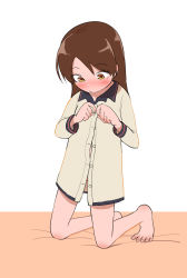 Rule 34 | 1girl, absurdres, alternate costume, alternate hairstyle, barefoot, brown eyes, brown hair, buttons, commentary request, hair down, highres, kantai collection, kneeling, long hair, looking down, shikinami (kancolle), simple background, sleepwear, solo, white background, yonemiya inaho