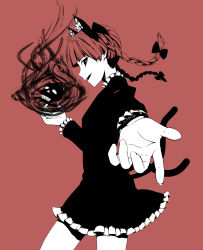 Rule 34 | 1girl, animal ears, black eyes, bow, braid, cat ears, cat girl, cat tail, extra ears, female focus, foreshortening, hair bow, kaenbyou rin, looking at viewer, monochrome, morochin (mo loss an), multiple tails, open mouth, pointing, red hair, short hair, simple background, skull, smile, solo, tail, touhou, twin braids