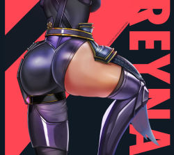 Rule 34 | 1girl, ass, ass cutout, ass focus, asymmetrical ass, asymmetrical ass cutout, asymmetrical legwear, badcompzero, black thighhighs, boots, character name, close-up, clothing cutout, half ass, highres, leg lift, lower body, red background, reyna (valorant), riot games, simple background, single thighhigh, solo, thighhighs, thighs, uneven legwear, valorant