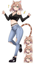 Rule 34 | 1girl, absurdres, animal ear fluff, animal ears, bare shoulders, black choker, black footwear, black shirt, blush, breasts, brown hair, cat ears, cat tail, choker, cleavage, commentary request, crop top, expressions, full body, green eyes, grey pants, hair between eyes, highres, large breasts, long sleeves, looking at viewer, midriff, multiple views, navel, off-shoulder shirt, off shoulder, original, pants, pinepin, shirt, shoes, short hair, simple background, smile, sneakers, standing, standing on one leg, stomach, tail, torn clothes, torn pants, white background