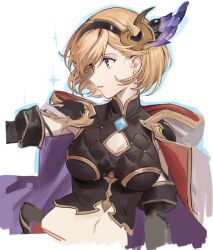 Rule 34 | 1girl, arm at side, black gloves, blonde hair, breasts, brown eyes, brown shirt, cleavage cutout, cloak, clothing cutout, conqueror of the eternals, crop top, djeeta (granblue fantasy), earrings, elbow gloves, gloves, granblue fantasy, hairband, hashibiro kou (garapiko p), hood, hooded cloak, jewelry, looking to the side, medium breasts, midriff, navel, outstretched arm, parted lips, shirt, short hair, simple background, solo, stud earrings, turtleneck, upper body, white background