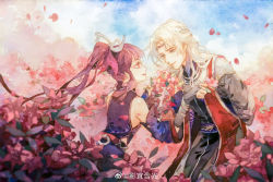 Rule 34 | 1boy, 1girl, absurdres, back, belt, chi meng (hua jianghu zhi bei mo ting), falling petals, field, flower, flower field, hair ornament, highres, holding hands, hua jianghu zhi bei mo ting, long hair, looking at another, open mouth, petals, ponytail, purple hair, sidelocks, sky, smile, teeth, white hair, ying yi han guang