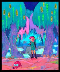 Rule 34 | 1boy, black border, border, full body, graveyard, green hair, green tunic, link, looking to the side, male focus, nintendo, octorok, outdoors, over shoulder, pink hair, short hair, signature, standing, the legend of zelda, the legend of zelda: a link to the past, tree, yumeshima sui