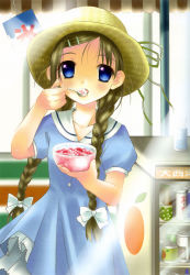 Rule 34 | 1girl, absurdres, blue dress, blue eyes, blush, bow, braid, brown hair, can, collarbone, dress, drink can, eating, food, hair bow, hair ornament, hairclip, hat, highres, holding, light rays, long hair, looking at viewer, open mouth, posh, puffy sleeves, school uniform, shaved ice, short sleeves, soda can, spoon, standing, straw hat, sunbeam, sunlight, twin braids