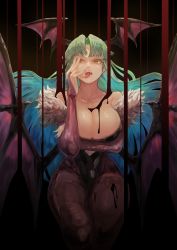Rule 34 | 1girl, aqua hair, bare shoulders, black background, blood, blood on breasts, breasts, bridal gauntlets, cleavage, collarbone, covered erect nipples, dark, demon girl, demon wings, fangs, fingernails, floating hair, fur trim, gradient hair, green hair, head wings, highres, licking, licking finger, long fingernails, long hair, morrigan aensland, multicolored hair, nail polish, open mouth, pantyhose, parted bangs, pink nails, renkoma, shiny skin, simple background, solo, tongue, tongue out, vampire, vampire (game), wings, yellow eyes