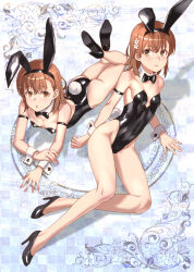 Rule 34 | 2023, 20s, 2girls, alternate costume, animal ears, arm strap, ass, bare hips, bare legs, bare shoulders, black bow, black bowtie, black footwear, black leotard, bow, bowtie, breasts, brown eyes, brown hair, clone, commentary request, detached collar, fake animal ears, fake tail, feet up, female focus, full body, high heels, highleg, highleg leotard, leotard, looking at viewer, lying, matching hair/eyes, medium hair, misaka imouto, misaka mikoto, multiple girls, on side, on stomach, open mouth, parted lips, playboy bunny, rabbit ears, rabbit tail, raika9, siblings, simple background, sisters, small breasts, strapless, strapless leotard, tail, toaru kagaku no railgun, toaru majutsu no index, traditional bowtie, white wrist cuffs, wrist cuffs